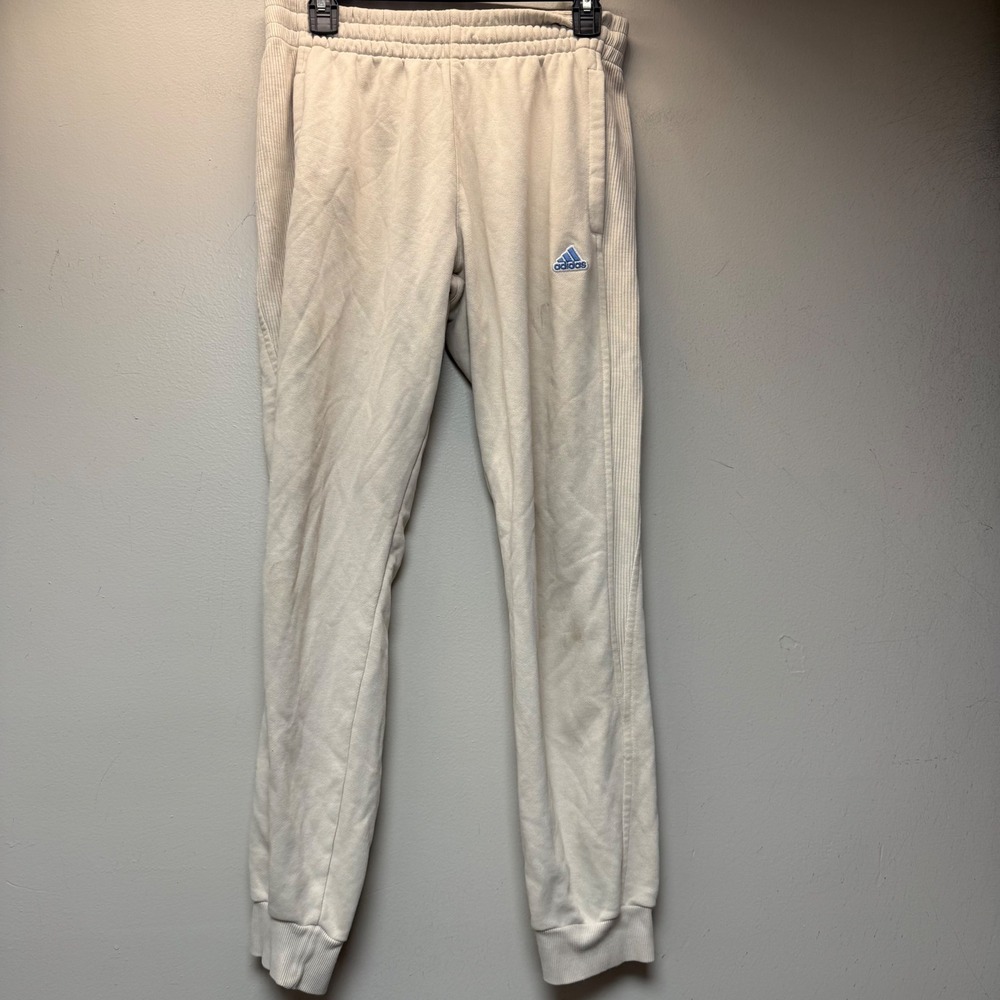 Adidas Jogger Pants Mens Medium Cream Good Fleece Ribbed Side Logo Sweatpants